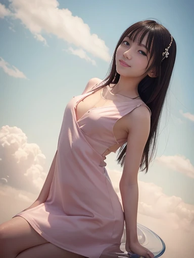 Japanese female, a lot of details, (underweight), detailed black hair, beautiful detailed hair, super fucking beautiful, delicate beautiful face, complex details beautiful and delicate eyes, perfect hands, (flat chest best quality:1.5), perfect and delicate limbs, detailed skin, best quality, ultra-detailed,(cheerful grin:1.3),
sky, (cloud texture), (floating:1.4), (sit in the air), (light red floating dress), in the clouds, full body shot, low angle shot