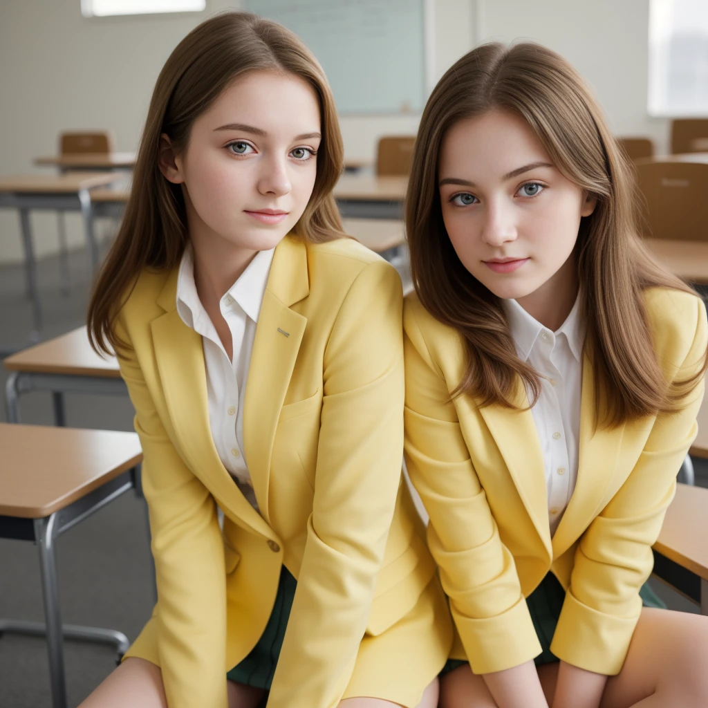 (((close up high definition))), two very calm beautiful teen aged pale school girls, wearing yellow blazer, sitting a class room environment, beautiful.