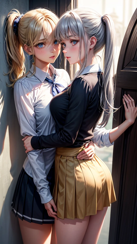 masterpiece, top quality , 18+, 2 young girls in school uniforms, innocent yet curious, body movements revealing a hint of maturity,
girl one, blonde hair in a ponytail, pinned against the wall with her arms above her head, eyes wide with excitement,
girl two, silver hair, holding girl one's waist with one hand, lips parted in a seductive smile,(( lifting her skirt with the other hand)), both girls looking deeply into each other's eyes,
high resolution, realistically rendered textures, warm lighting casting shadows on their faces, a softly blurred background, the smell of adolescence in the air.