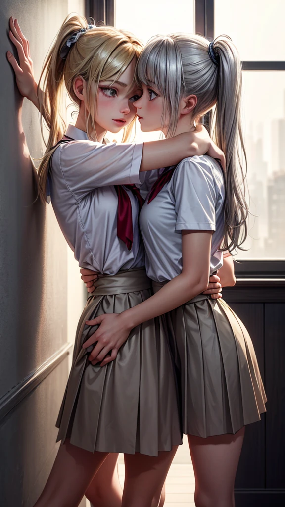 masterpiece, top quality , 18+, 2 young girls in school uniforms, innocent yet curious, body movements revealing a hint of maturity,
girl one, blonde hair in a ponytail, pinned against the wall with her arms above her head, eyes wide with excitement,
girl two, silver hair, holding girl one's waist with one hand, lips parted in a seductive smile,(( lifting her skirt with the other hand)), both girls looking deeply into each other's eyes,
high resolution, realistically rendered textures, warm lighting casting shadows on their faces, a softly blurred background, the smell of adolescence in the air.