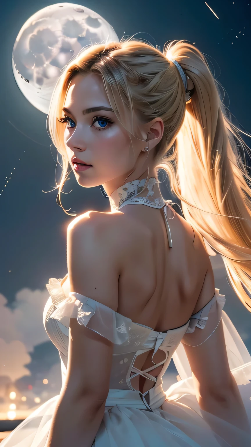 masterpiece, (最high quality: 1.2), (Super Fine: 1.2), figure, (Very delicate and beautiful: 1.2), Film Angle, floating, (Beautiful detailing: 1.1), (Detail Light: 1.1), Film Light, Delicate Sky, woman, Blonde Hair, black eye, (High Ponytail: 1.1), Cape, Glowing Eyes, (moon: 1.2), (moonlight: 1.1), Starry Sky, (Particles of light: 1.1), fog , Snow Painting, sketch, flowering、masterpiece, 最high quality, high quality, High resolution,
