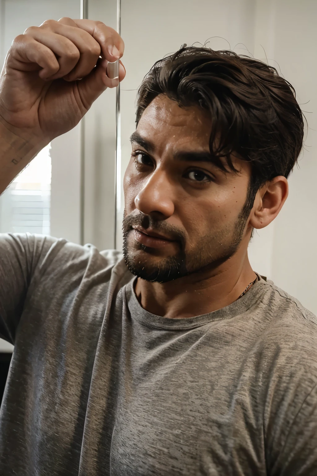 He is a handsome and strong man of 33 years of age., having a height of 6'1" and having an athletic and toned body. His facial features are attractive and masculine., with a marked jaw and a prominent nose. Her hair is dark brown and worn short and stuck back., and his eyes are a deep, dark brown.. He is a man from the Regency era and a Jane Austen character.