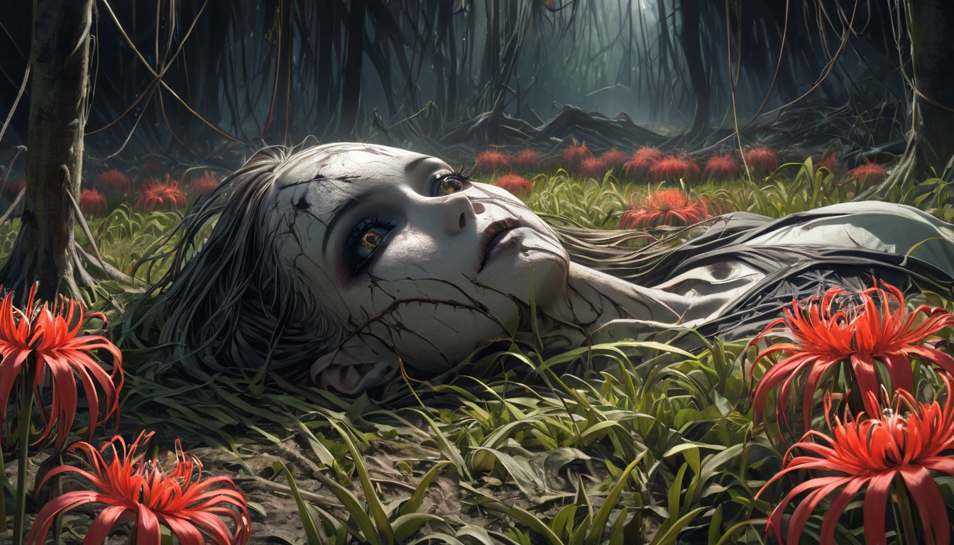 A corpse-filled field of spider lilies, (best quality,4k,8k,highres,masterpiece:1.2),ultra-detailed,(realistic,photorealistic,photo-realistic:1.37),HDR,UHD,studio lighting,ultra-fine painting,sharp focus,physically-based rendering,extreme detail description,professional,vivid colors,anime,dark fantasy,horror,gothic,moody lighting,dramatic shadows,muted colors,dead bodies,decaying corpses,spider lilies,overgrown field,atmospheric,cinematic, detailed eyes, very detailed.