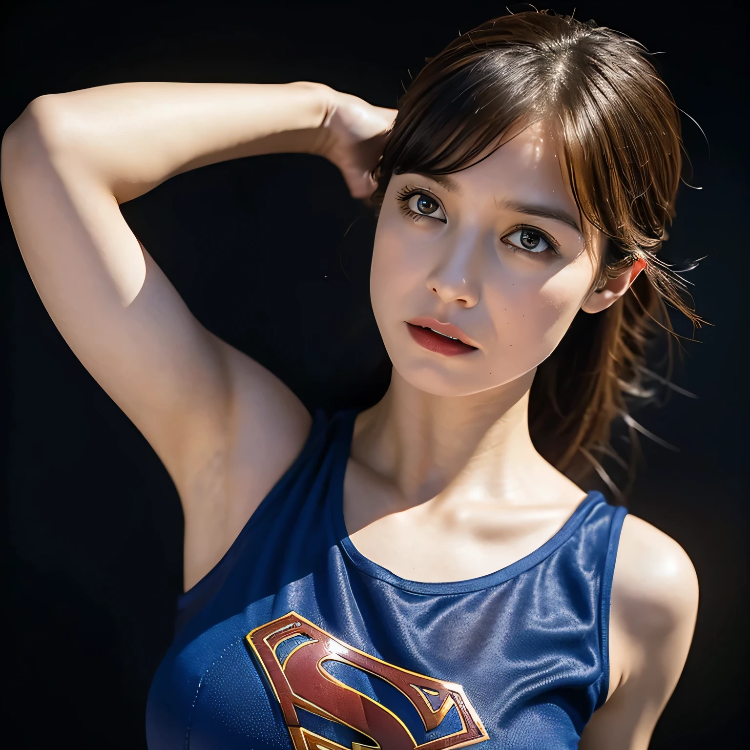 Supergirl, Beautiful Supergirl, 29 years old, Height : 152 CM, Supergirl Trapped in the rubble of a destroyed building burning hot fire, midday, supergirl tanktop costume, hair tied, hair bangs, Supergirl was sweating profusely, Supergirl had wet sweat on her chest, Supergirl had wet sweat on her head, Supergirl is shocked, Supergirl looks up, Supergirl looks scared, Supergirl screamed in pain, supergirl defeated, supergirl tanktop costume is torn, Supergirl is seriously injured, Supergirl cried, supergirl in peril