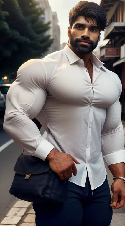 An award-winning original photo, little smiled, dimples, a wild handsome muscular indian man,(beard 25 years old:1.3), 1boy in one photo, Solo, (looking in camera), (formal white shirt with navy trouser), bag in hand, waking on road, from Front view, black hair, (big shoulders), musculature, stubbles, beard, earbuds, Beautiful eyes:1.3, ), (Detailed face:1.3), dimples, (holded penis), Dynamic front Angle view, volumetric lighting, (Best quality, A high resolution, Photorealistic), Cinematic lighting, Masterpiece, RAW photo, Intricate details, hdr, depth of field, upper body, His perfect huge bulge,masterpieces 