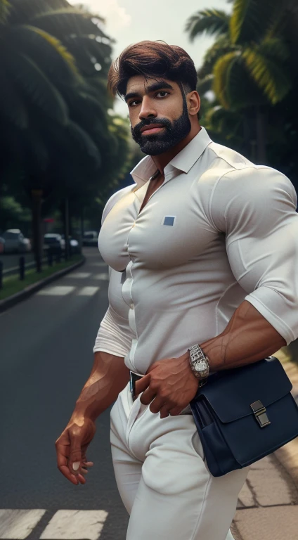 An award-winning original photo, little smiled, dimples, a wild handsome muscular indian man,(beard 25 years old:1.3), 1boy in one photo, Solo, (looking in camera), (formal white shirt with navy trouser), bag in hand, waking on road, from Front view, black hair, (big shoulders), musculature, stubbles, beard, earbuds, Beautiful eyes:1.3, ), (Detailed face:1.3), dimples, (holded penis), Dynamic front Angle view, volumetric lighting, (Best quality, A high resolution, Photorealistic), Cinematic lighting, Masterpiece, RAW photo, Intricate details, hdr, depth of field, upper body, His perfect huge bulge,masterpieces