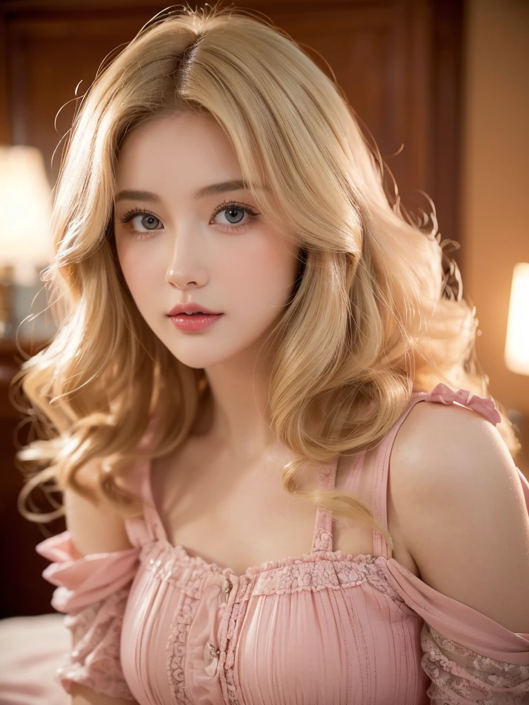 (close up of a beautiful 26 year old girl in a pink vintage dress), movie stock photos, camera f1. 6, saturated colors, Vibrant, lifelike textures, Impressive classic lighting, Modern style, sexy full body photo, Evening, Curly hair has just been dyed light blonde