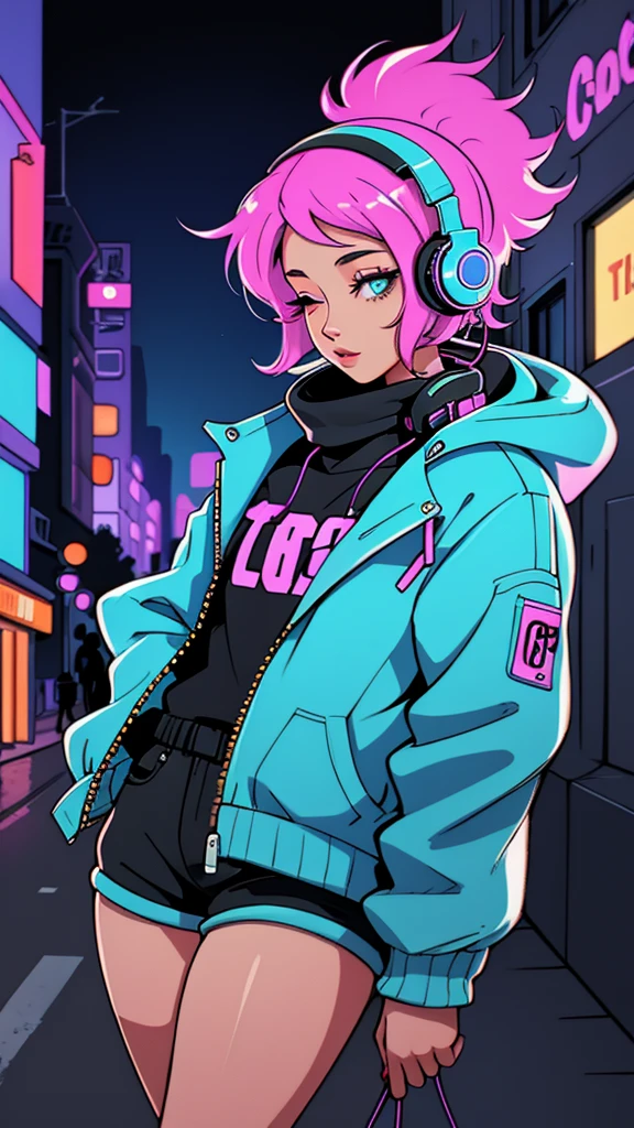 Street fashion girl Blue headphones LOFI Retro stylish 1980S city night Eyes closed