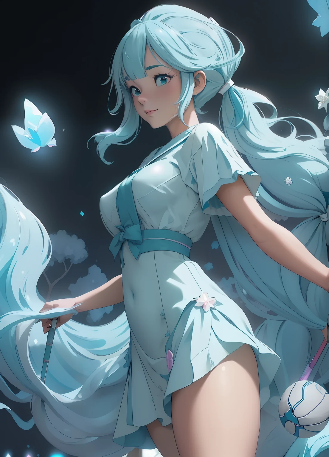 (masterpiece、Highest quality、Highest quality、Official Art、Beautiful and beautiful:1.2)、(One girl:1.3)Hatsune Miku、Twin tails,Beautiful breasts, Katsushika Hokusai, (Fluorescent color:1.4),(translucent:1.4),(Retro Filter:1.4), (Fantastic:1.4), candyland、Disneyland、ether、soft、fluffy、softな風景、forest、snow、Avatar、softピンクの空、green、Blue sparkle、etherの光、softで気まぐれな光、Rainbow Star、diamond、Shining gemstone background、Surreal、super high quality、Cinematic lighting、Full HD paintings with great detail、sufficient lighting,Diagonal bangs, , Collared dress,~ side, masterpiece, The best quality at its best,Genuine Leather,(Sports Late:1.5), One huge breasted girl, Blunt bangs, Long white hair