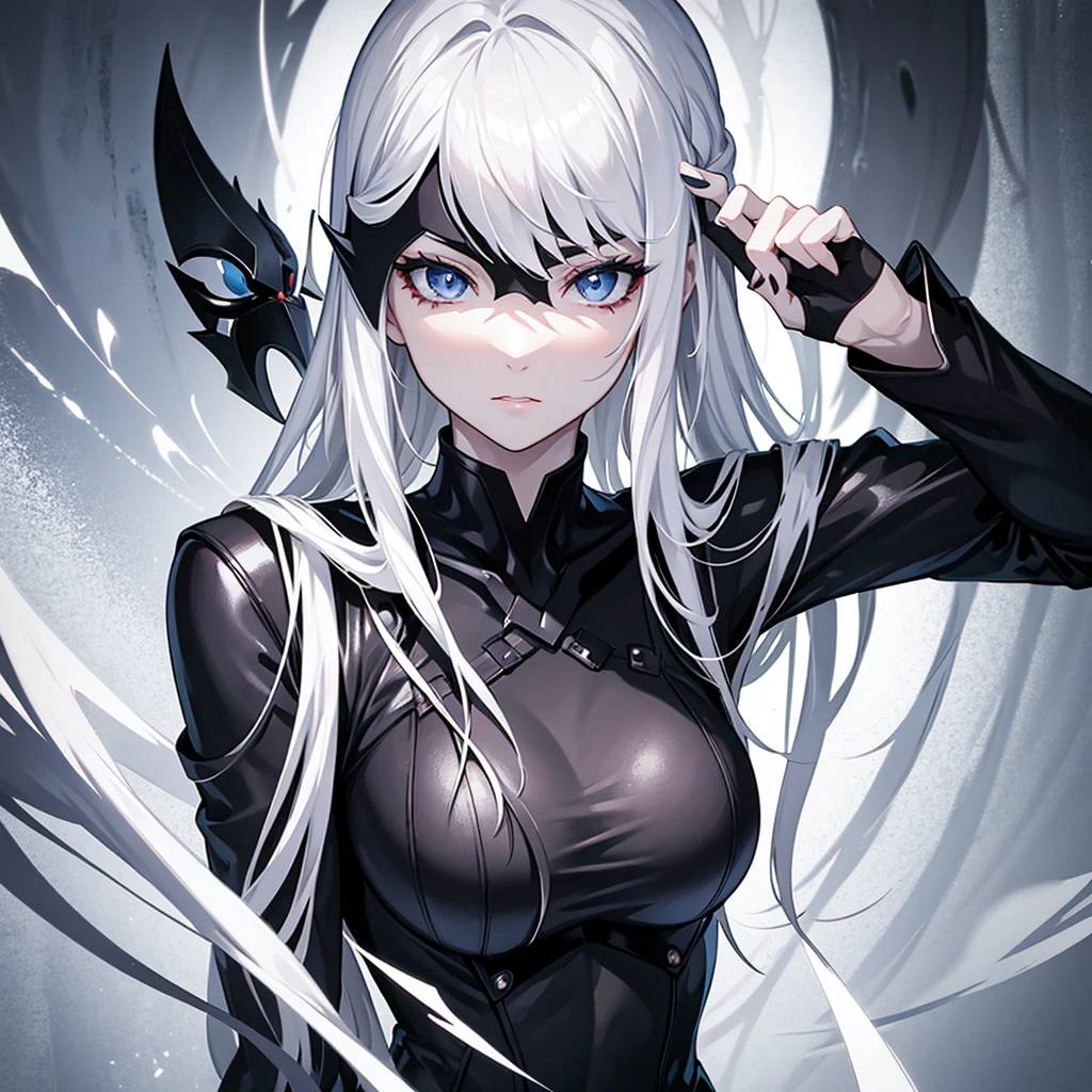 Superheroine drawing (women) stylized black suit, mask on the face, White hair, white skin and light gray eyes