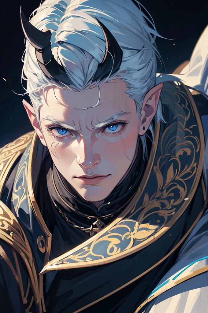 a muscular man with very short white hair, dark blue eyes, very pale skin, dark blue horns, horns, pointy ears, wearing ornate fantasy armor, dramatic lighting, dark blue and gray color palette, highly detailed, intricate, cinematic camera angle, dramatic mood, (best quality,4k,8k,highres,masterpiece:1.2),ultra-detailed,(realistic,photorealistic,photo-realistic:1.37)