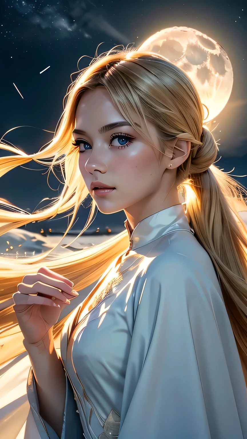masterpiece, (最high quality: 1.2), (Super Fine: 1.2), figure, (Very delicate and beautiful: 1.2), Film Angle, floating, (Beautiful detailing: 1.1), (Detail Light: 1.1), Film Light, Delicate Sky, woman, Blonde Hair, black eye, (High Ponytail: 1.1), Cape, Glowing Eyes, (moon: 1.2), (moonlight: 1.1), Starry Sky, (Particles of light: 1.1), fog , Snow Painting, sketch, flowering､masterpiece, 最high quality, high quality, High resolution, 