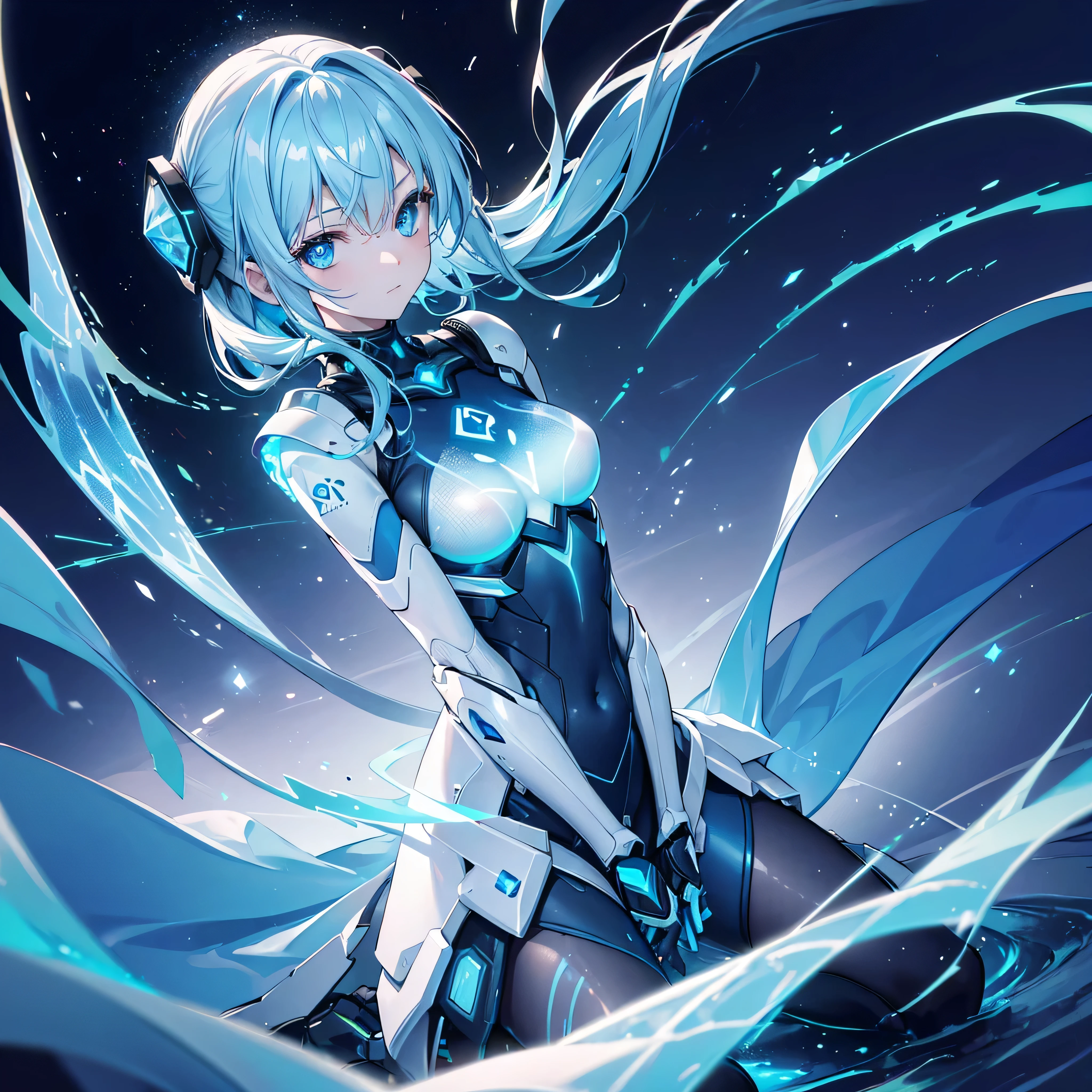 ((Holographic glow effect)),8k, Highest quality, (real:1.4), Original photo, 1 girl, Asari Hair, Biological Amplifier, refined armor, posture: Peace talks between warring factions, smart blue eyes,whole body,Vortex of Light,Band of Light,Wind of Light