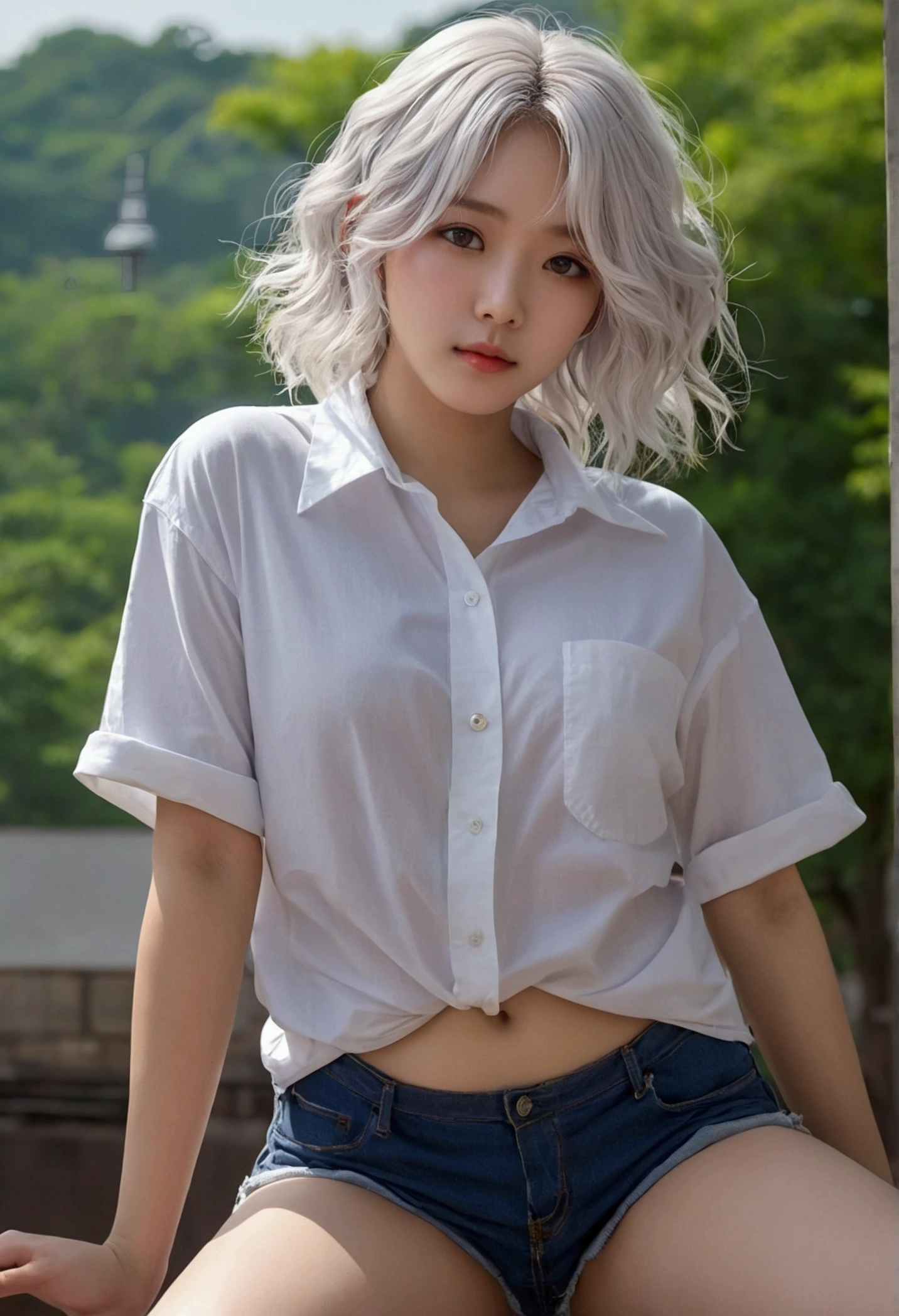 realisti, High resolution, 1 girl, white wavy hair, korean, heterochromic eyes, small moles under the eyes, Loose white shirt, enge Jeansshorts, big , Shanks, Panties visible masterpiece, 真实感, Vagina posiert sitzend Schamlippen realisti