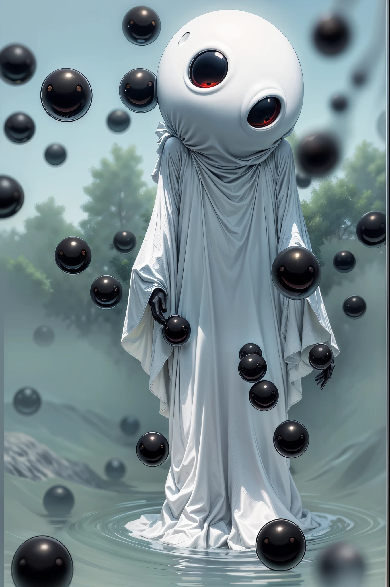 a faceless humanoid creature, no face no nose no eyes no mouth, strange and mysterious creature, black balls floating around the character, creature floating off the ground, white smooth skin, (best quality, 4k, 8k, highres, masterpiece:1.2), ultra-detailed, (realistic, photorealistic, photo-realistic:1.37), dynamic pose, dynamic point of view, overview shot