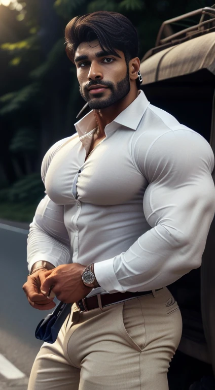An award-winning original photo, little smiled, dimples, a wild handsome muscular indian man,(25 years old:1.3), 1boy in one photo, Solo, (looking in camera), (formal white shirt with navy trouser), bag in hand, waking on road, from Front view, black hair, (big shoulders), musculature, stubbles, beard, earbuds, Beautiful eyes:1.3, ), (Detailed face:1.3), dimples, (holded penis), Dynamic front Angle view, volumetric lighting, (Best quality, A high resolution, Photorealistic), Cinematic lighting, Masterpiece, RAW photo, Intricate details, hdr, depth of field, upper body, His perfect huge bulge,masterpieces