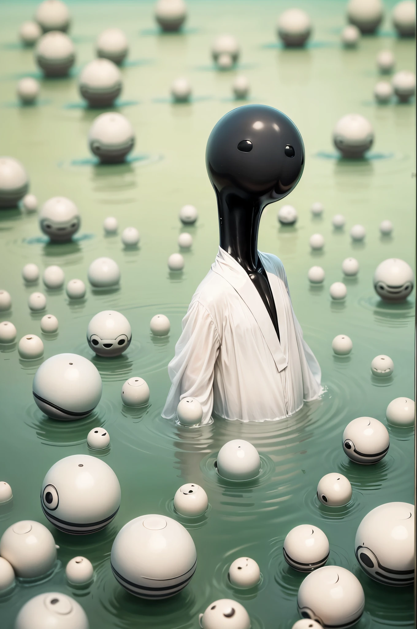 a faceless humanoid creature, no face no nose no eyes no mouth, strange and mysterious creature, black balls floating around the character, creature floating off the ground, white smooth skin, (best quality, 4k, 8k, highres, masterpiece:1.2), ultra-detailed, (realistic, photorealistic, photo-realistic:1.37), dynamic pose, dynamic point of view, overview shot