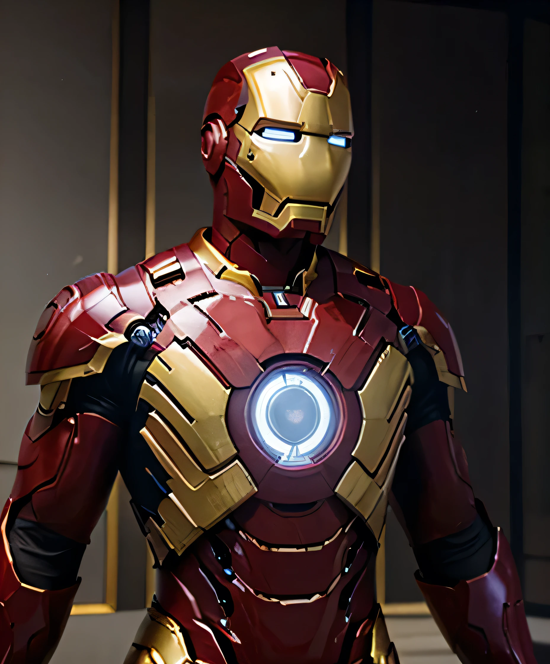 golden iron man suit with a sqaure arc reactor, High Resolution, Masterpiece, HD, High Details, Super Detailed, UHD, 3D Rendering, Anime, Cinematic, 