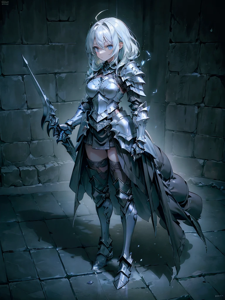 (((masterpiece, best quality, high detailed, 16k))) (1girl) A breathtakingly beautiful young slender girl with long flowing stylish white hair and piercing blue eyes. She wears a demonic armor in purple black and white. wields a large stylized scythe. ((full body view))