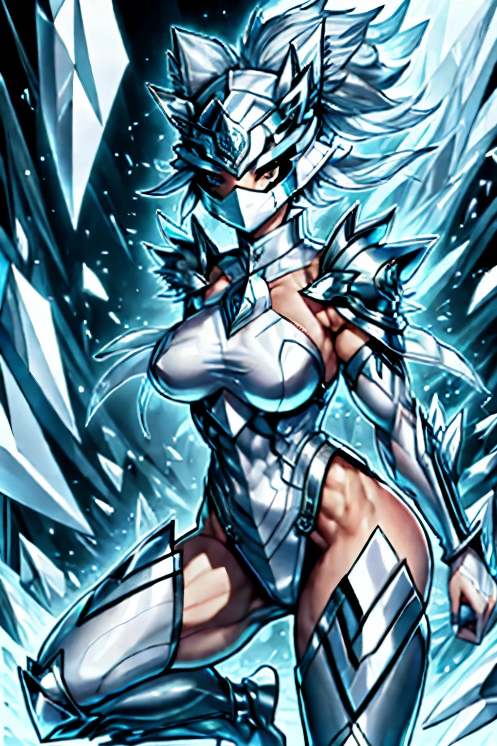 Silver female masked warrior overflowing blue absolute ice power 