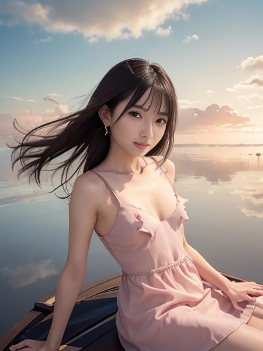Japanese female, a lot of details, (underweight), detailed black hair, beautiful detailed hair, super fucking beautiful, delicate beautiful face, complex details beautiful and delicate eyes, perfect hands, (flat chest best quality:1.5), perfect and delicate limbs, detailed skin, best quality, ultra-detailed,(cheerful grin:1.3),
sky, (cloud texture:1.4), (floating), (sit in the air), (light red floating dress), in the clouds, full body shot, low angle shot