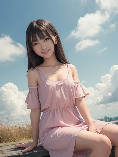 Japanese female, a lot of details, (underweight), detailed black hair, beautiful detailed hair, super fucking beautiful, delicate beautiful face, complex details beautiful and delicate eyes, perfect hands, (flat chest best quality:1.5), perfect and delicate limbs, detailed skin, best quality, ultra-detailed,(cheerful grin:1.3),
sky, (cloud texture:1.4), (floating), (sit in the air), (light red floating dress), in the clouds, full body shot, low angle shot