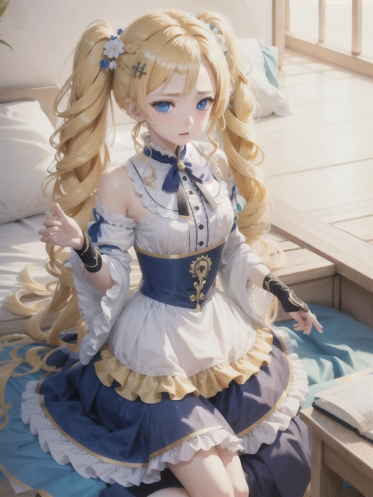 hair ornament, extreme details, twintails, masterpiece, genshin_impact,blue_eyes,blonde_hair,barbara \(genshin impact\)