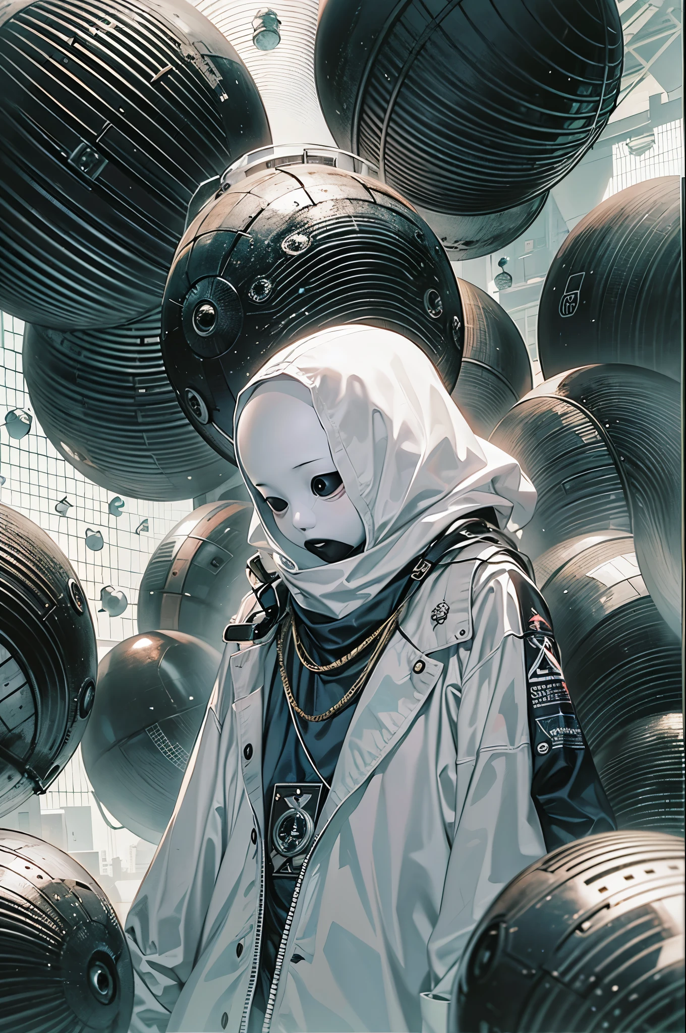 a faceless humanoid creature, no face no nose no eyes no mouth, strange and mysterious creature, black balls floating around the character, creature floating off the ground, white smooth skin, (best quality, 4k, 8k, highres, masterpiece:1.2), ultra-detailed, (realistic, photorealistic, photo-realistic:1.37), dynamic pose, dynamic point of view, overview shot