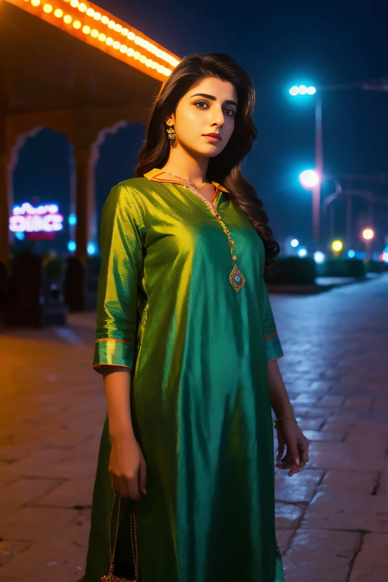 40k, RAW photo, best quality, masterpiece: 1.2), (realistic,
photorealistic: 1.37)A 21 Year solo beautiful Pakistani girl
woman , At Lahore beach side hotels ,GTA vice city vibes,
nightscape .wearing maria b kurta ,Mehwish Hayat
