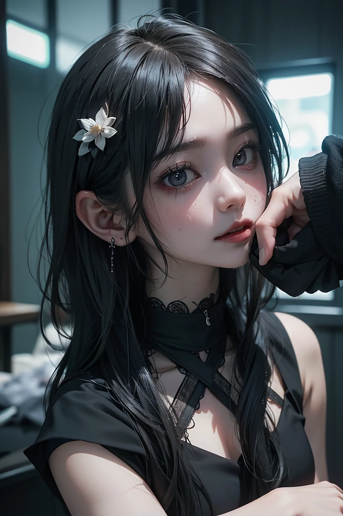 Highest quality, masterpiece, look up, cute,(Horror),(((Beautiful masochist girl))),(((Drooling))),(((Tears flowing))),((Drool flowing from the mouth)),((Covered in semen)),(Sexy),(sexy),((Small breasts)),Baby Face,(Middle school students),Black Hair,Twin tails,((Masturbation)),(((Blowjob))),Beautiful Style,((Pale skin)),Sensual look,Embarrassed,Sexy表情,Expressions of delight,(Dark atmosphere),(Dark atmosphere,fear),((Dim lighting))