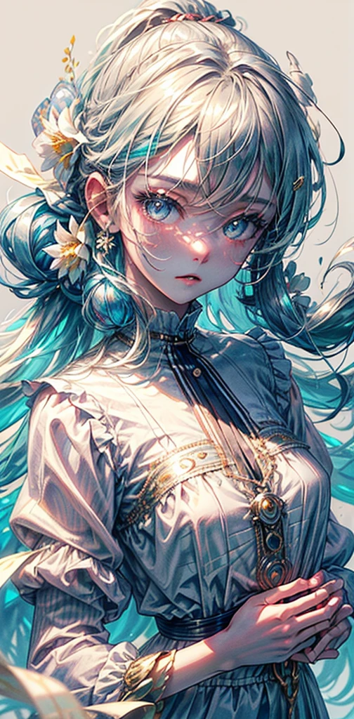 (masterpiece), (best quality), (ultra detailed),(disheveled hair),(illustration), (1girl), (Fashionable clothing), standing, Fashion model, looking at viewer, (interview), (simple background),beautiful detailed eyes, delicate beautiful face, Floating,(high saturation),(colorful splashes),colorful bubble,(shining), focus on face, ponytail, kamisato ayaka, light blue hair, bangs, hair ring, floating flowers, floating hairs, (shining), best lighting, best shadow,perfect hand