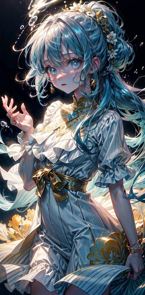 (masterpiece), (best quality), (ultra detailed),(disheveled hair),(illustration), (1girl), (Fashionable clothing), standing, Fashion model, looking at viewer, (interview), (simple background),beautiful detailed eyes, delicate beautiful face, Floating,(high saturation),(colorful splashes),colorful bubble,(shining), focus on face,  ponytail, kamisato ayaka, light blue hair, bangs, hair ring, floating flowers, floating hairs, (shining), best lighting, best shadow,perfect hand