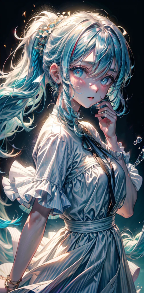 (masterpiece), (best quality), (ultra detailed),(disheveled hair),(illustration), (1girl), (Fashionable clothing), standing, Fashion model, looking at viewer, (interview), (simple background),beautiful detailed eyes, delicate beautiful face, Floating,(high saturation),(colorful splashes),colorful bubble,(shining), focus on face, ponytail, kamisato ayaka, light blue hair, bangs, hair ring, floating flowers, floating hairs, (shining), best lighting, best shadow,perfect hand