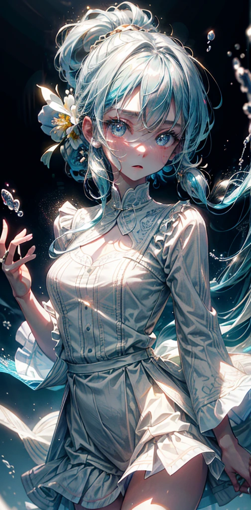 (masterpiece), (best quality), (ultra detailed),(disheveled hair),(illustration), (1girl), (Fashionable clothing), standing, Fashion model, looking at viewer, (interview), (simple background),beautiful detailed eyes, delicate beautiful face, Floating,(high saturation),(colorful splashes),colorful bubble,(shining), focus on face, ponytail, kamisato ayaka, light blue hair, bangs, hair ring, floating flowers, floating hairs, (shining), best lighting, best shadow,perfect hand