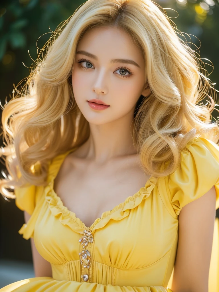 (close up of a beautiful 26 year old girl in a yellow vintage dress), movie stock photos, camera f1. 6, saturated colors, Vibrant, lifelike textures, Impressive classic lighting, Modern style, sexy full body photo, Evening, Curly hair has just been dyed light blonde