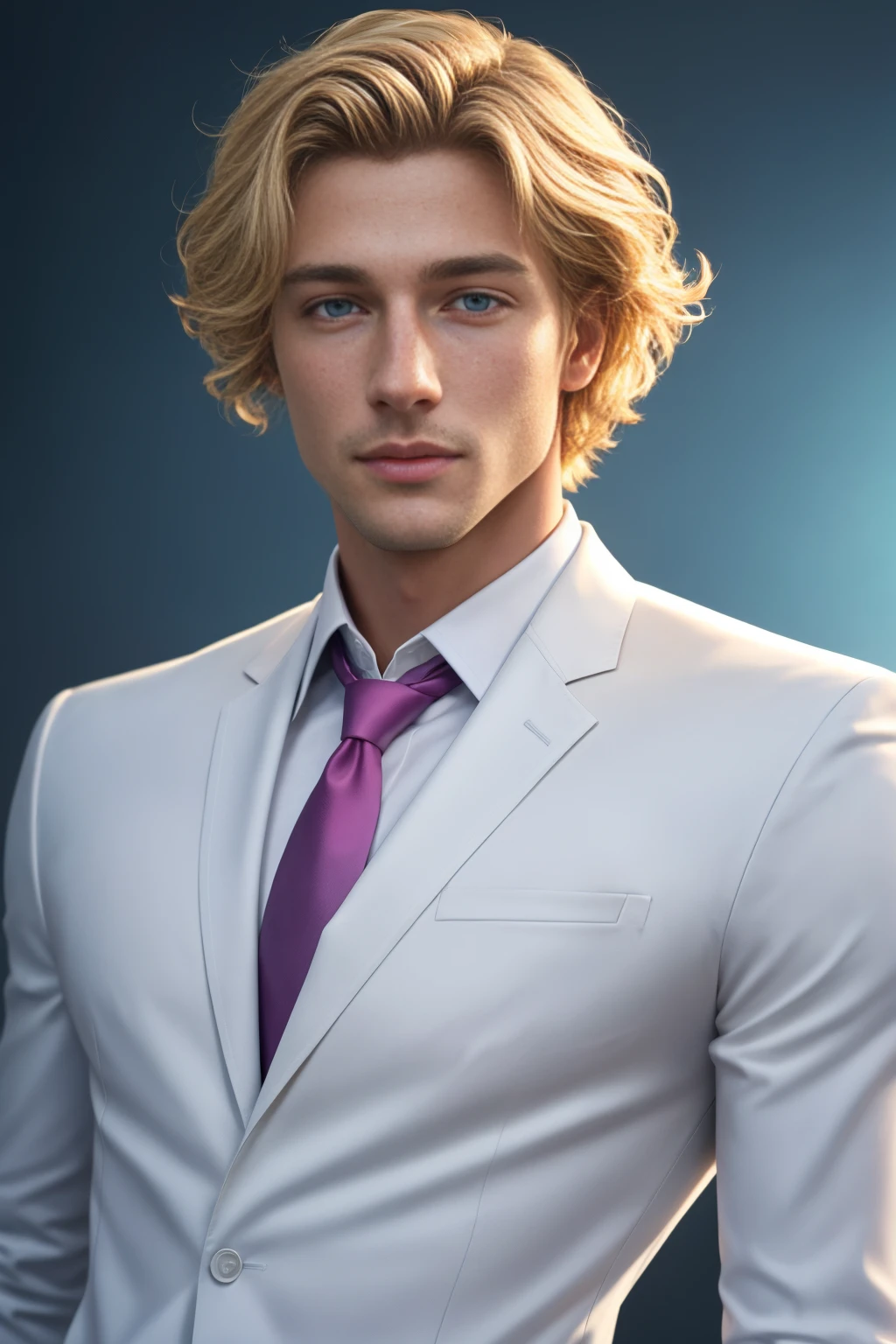 Masterpiece, Young Handsome Boy has short blonde hair, blonde hair, wavy hair, sky blue eyes, totally-clean-shave, 1boy, College Student, AS-Adult, white shirt, fuchsia tie, grey pants, sky blue eyes, symmetrical face. wavy-hair, totally-clean-shave (Best Illustration), (beautiful-detailed eyes), (Best Quality Face, Fingers), Symmetrical, smooth, sharp focus, illustration, realistic, artstation, award winning photography, octane render, cinematic lighting from the right, hyper realism, octane render, 8k, depth of field, 3D. He looks at the viewer. Full Figure. Background a castle