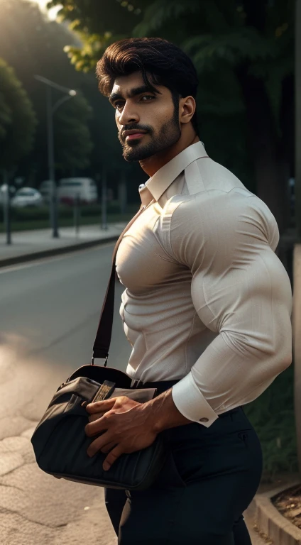 An award-winning original photo, little smiled, dimples, a wild handsome muscular indian man,(25 years old:1.3), 1boy in one photo, Solo, (looking in camera), (formal shirt with formal trouser), bag in hand, waking on road, from side view, black hair, (big shoulders), musculature, stubbles, beard, earbuds, Beautiful eyes:1.3, ), (Detailed face:1.3), dimples, (holded penis), Dynamic front Angle view, volumetric lighting, (Best quality, A high resolution, Photorealistic), Cinematic lighting, Masterpiece, RAW photo, Intricate details, hdr, depth of field, upper body, His perfect huge bulge,masterpieces 