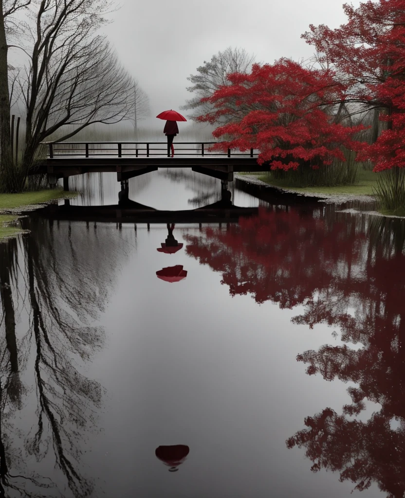 A puddle reflects the figure of a person standing on a wooden bridge in the rain. The person is holding a red umbrella, and his vague silhouette is reflected on the water. The ripples caused by the raindrops on the water's surface create an overall mysterious and tranquil atmosphere. Realistic photo high resolution,