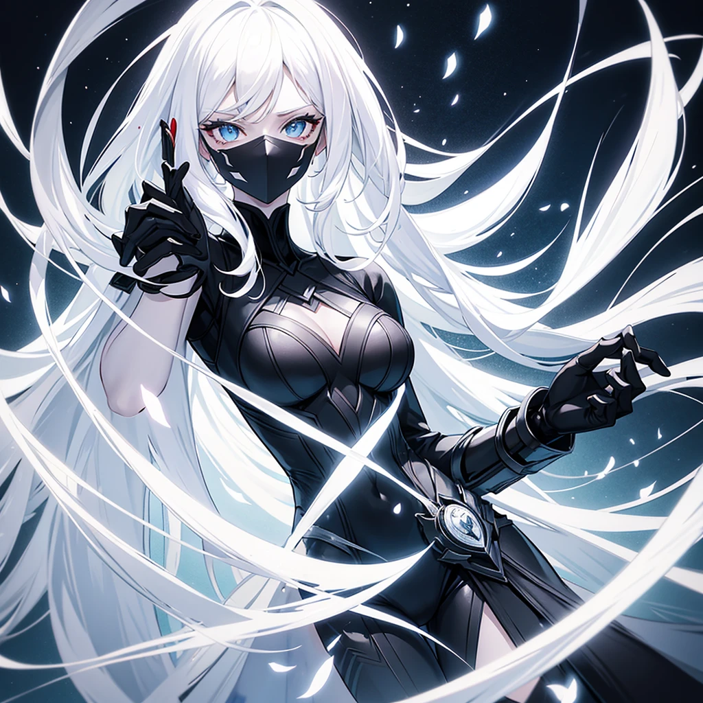 Superheroine drawing (women) stylized black suit, mask on the face, White hair, white skin and light eyes