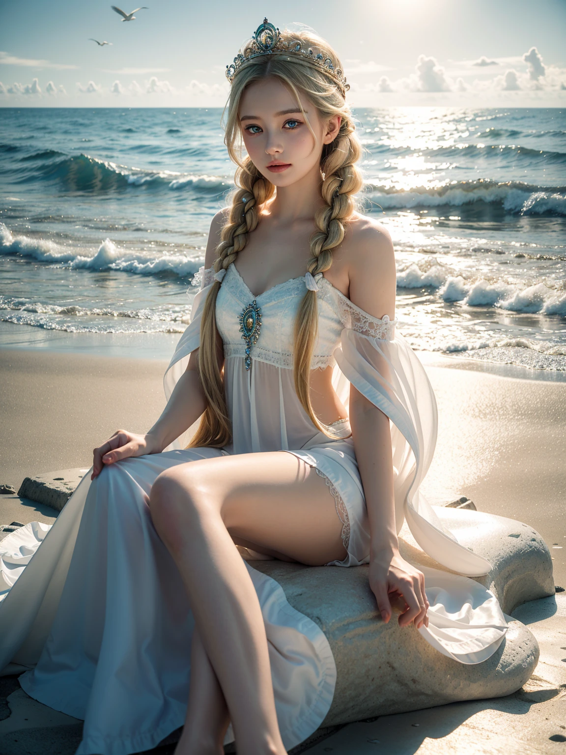 ,((best quality best))),8k,((masterpiece)),(very delicately beautiful), There was a girl coming out of the sea, Swan princess in Russian mythology, beautiful and calm face, eblue eyes, braided long blonde hair, Moon pigtails on the back of the head, Shiny white old clothes from Russia,wearing a Kokosnik crown, friendly expression, half smile, The face has a gentle expression, With seascape and sunlight in the background, Seagulls in the sky, total length, hentale realism