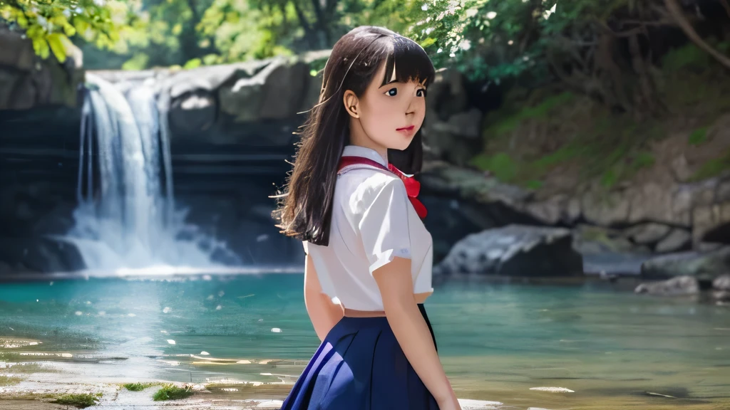 ( masterpiece, best quality, ultra-detailed, an extremely delicate and beautiful, oil painting \(medium\):1.5, traditional media:1.5, (sketch), impressionism:1.5, 4k, 8k),
outdoor, nature, forest, waterfall, blue sky, cloud, mountain,
1girl, solo, black long straight hair, blunt bangs, serafuku, navy sailor collar, red bowtie, white shirt, and navy skirt, wide eyes,
A girl standing in the water with her back to the waterfall, grab the skirt, look back, looking at viewer, cowboy shot, wind,
PG,