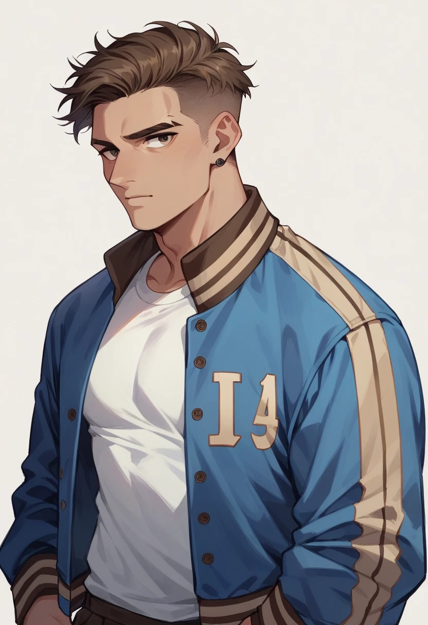 human Male 19 years old , ((Brown fade haircut)) , white shirt , ((wearing blue varsity Jacket )) , solo ,