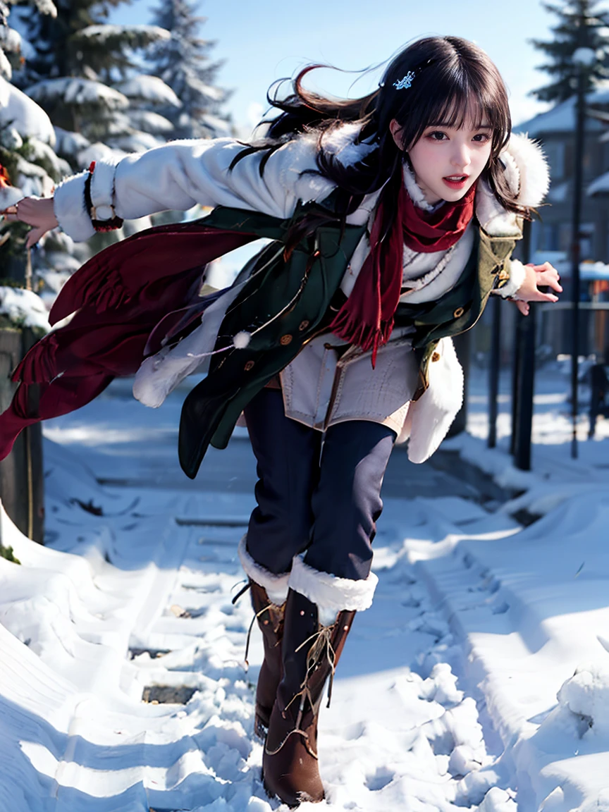 Snow in winter：

White fur coat with snowflakes flying, red scarf, snow boots, slightly curled mouth, crystal clear background, pine trees, sunlight through the leaves,pretty，girl，Sexy