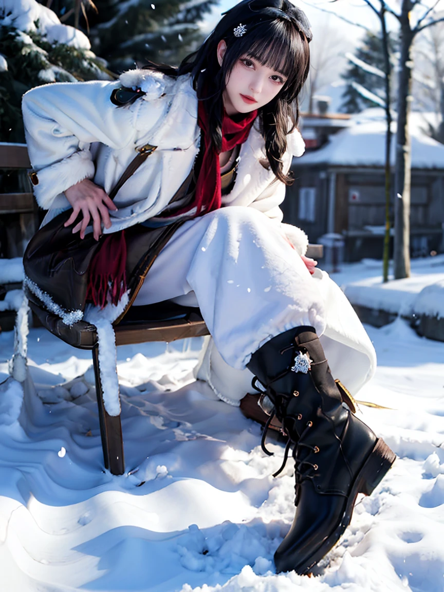 Snow in winter：

White fur coat with snowflakes flying, red scarf, snow boots, slightly curled mouth, crystal clear background, pine trees, sunlight through the leaves,pretty，girl，Sexy