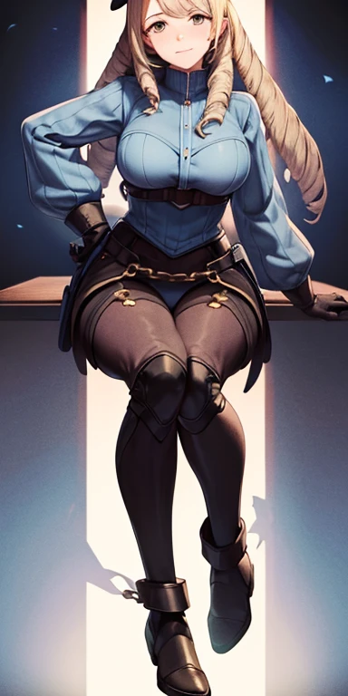 (masterpiece, best quality:2), intricate detail,((beautiful face:1.6)), ((Anatomically accurate:2))
(1boy),  (( Femboy)), gauntlets, gray jacket, Purple Shorts,thighhighs, black boots, Beauty mark under each eye, (Dark skin:1.3), Long Purple hair , Copper eyelat chest))
 (bottomheavy), ((gigantic ass)), (hyper thighs),(Wide Hips)