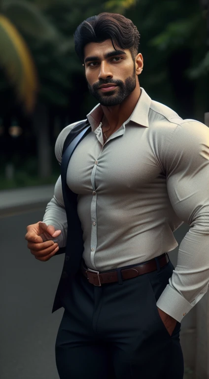 An award-winning original photo, little smiled, dimples, a wild handsome muscular indian man,( 20 years old:1.3), 1boy in one photo, Solo, (looking in camera), (formal shirt with formal trouser), bag in hand, waking on road, from front view, black hair, (big shoulders), musculature, stubbles, beard, earbuds, Beautiful eyes:1.3, ), (Detailed face:1.3), dimples, (holded penis), Dynamic front Angle view, volumetric lighting, (Best quality, A high resolution, Photorealistic), Cinematic lighting, Masterpiece, RAW photo, Intricate details, hdr, depth of field, upper body, His perfect huge bulge,masterpieces