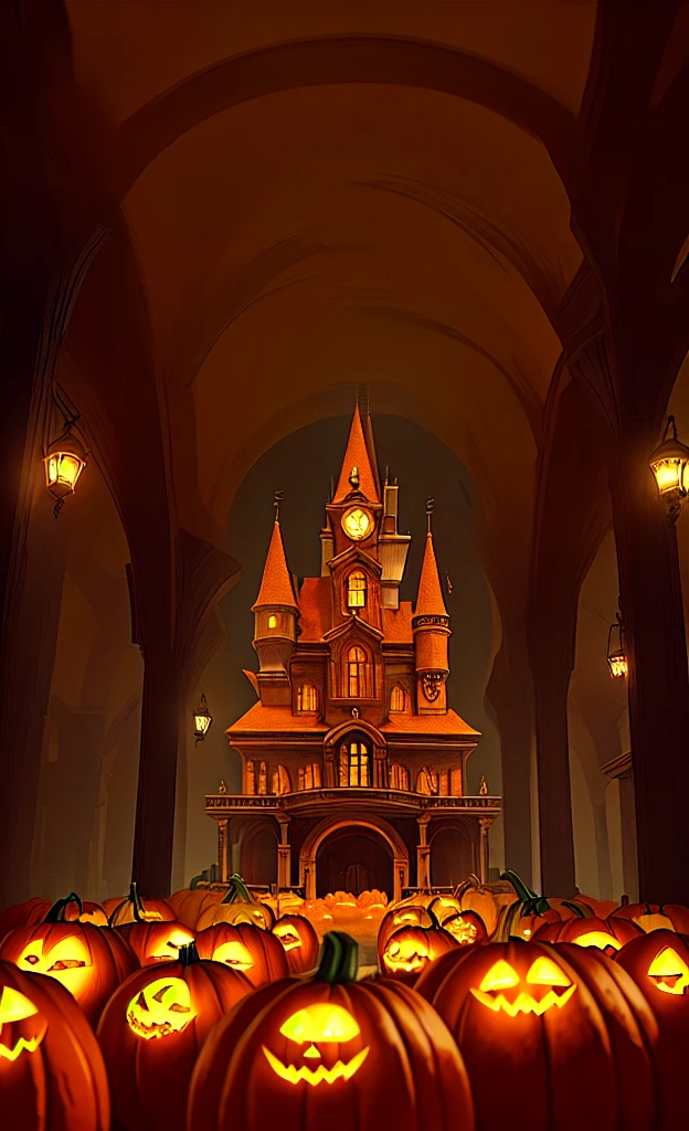masterpiece, Highest quality, Explore a haunted theme park,, Whimsical, Shine, Shineing, fun, Stupid, Mysterious, Magic, Mysterious, fun, interesting、、Pumpkin Ghost、pumpkin、colorful、pumpkin