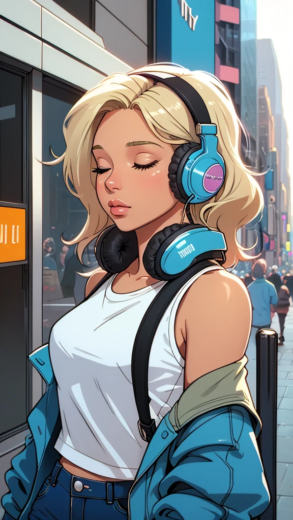 Street fashion girl, blue headphones, LOFI Retro, stylish, 1980s, new york city, morning, beautiful blonde hair woman in her 20s, close your eyes