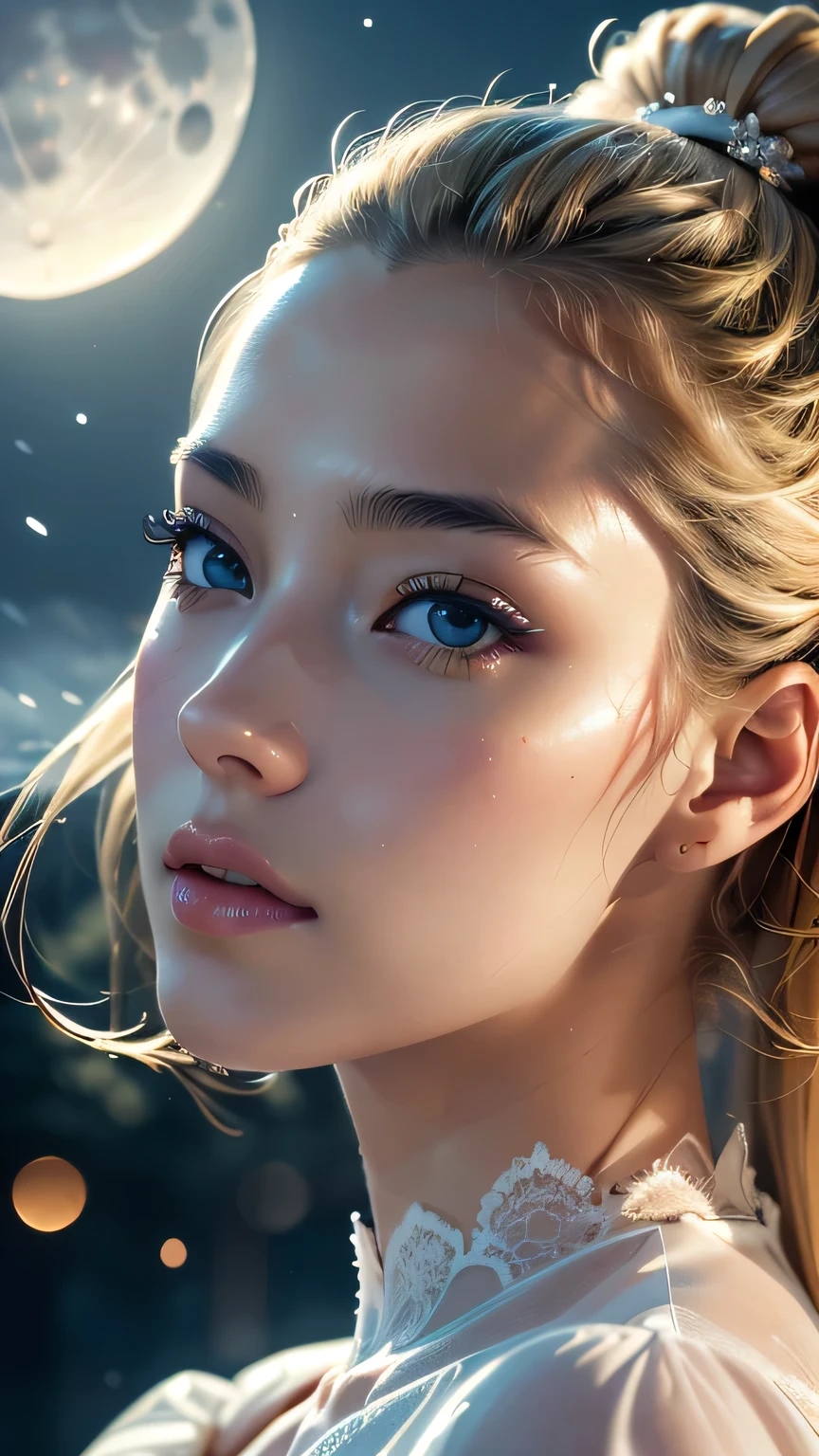 masterpiece, (最high quality: 1.2), (Super Fine: 1.2), figure, (Very delicate and beautiful: 1.2), Film Angle, floating, (Beautiful detailing: 1.1), (Detail Light: 1.1), Film Light, Delicate Sky, woman, Blonde Hair, black eye, (High Ponytail: 1.1), Cape, Glowing Eyes, (moon: 1.2), (moonlight: 1.1), Starry Sky, (Particles of light: 1.1), fog , Snow Painting, sketch, flowering、masterpiece, 最high quality, high quality, High resolution, (Dynamic pose_random)、((Face close-up))、Face close-up)