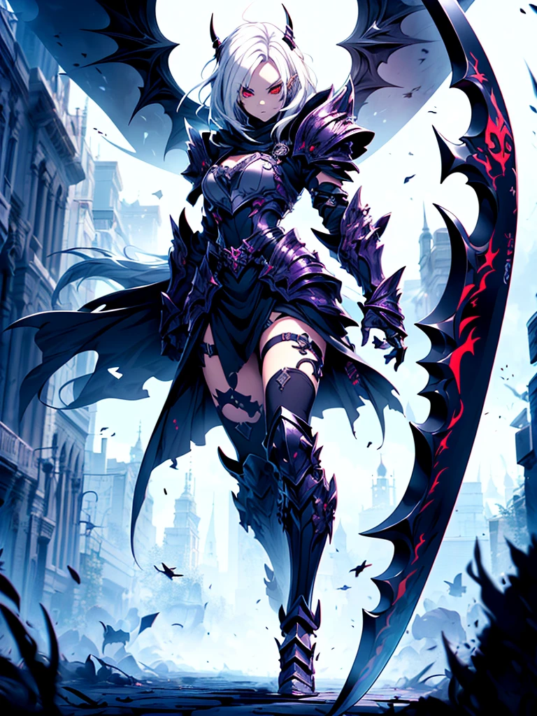 (((masterpiece, best quality, high detailed, 8k))) Design a layout showcase Gaming character, (1girl) Slender cute girl character with short stylish white hair and piercing eyes. She wears a demonic armor in purple, black, and white.  wields a large, stylized scythe. The character has a menacing expression, with a chaotic environment as the background. ((full body front view)). ((slender)), (extremely detailed:1.5), (long white hair:1.2), (piercing red eyes:1.2), (chaotic environment:1.1), (demonic armor:1.3), (stylized scythe:1.3).